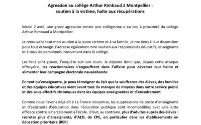 Agression au collège Arthur Rimbaud à Montpellier : soutien à la victime, halte aux récupérations